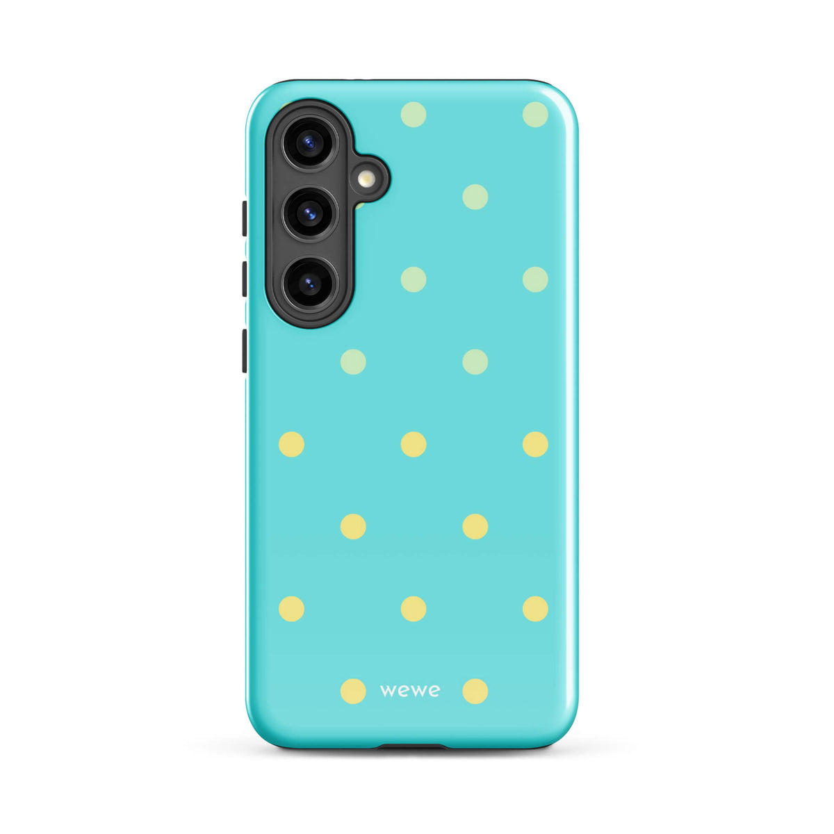 Bright aqua blue phone case with evenly spaced pale yellow polka dots