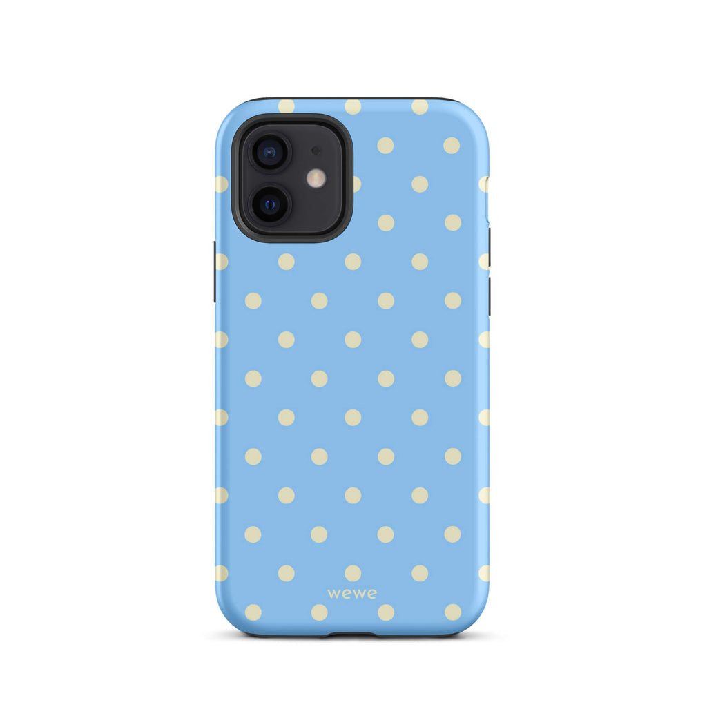 Baby blue iPhone case with evenly spaced cream-white mini polka dots