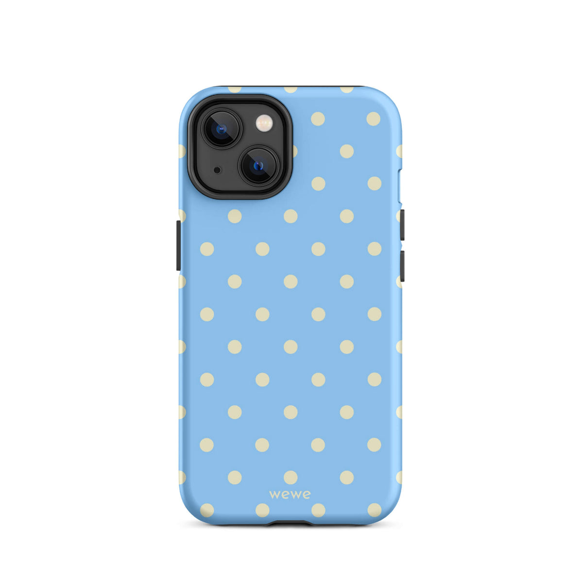 Baby blue iPhone case with evenly spaced cream-white mini polka dots