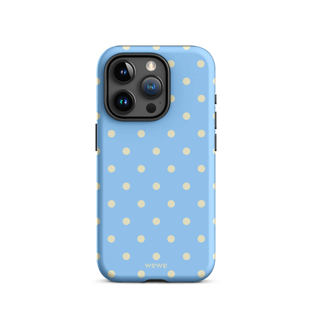 Baby blue iPhone case with evenly spaced cream-white mini polka dots