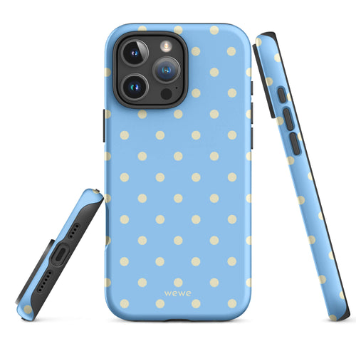 Baby blue iPhone case with evenly spaced cream-white mini polka dots
