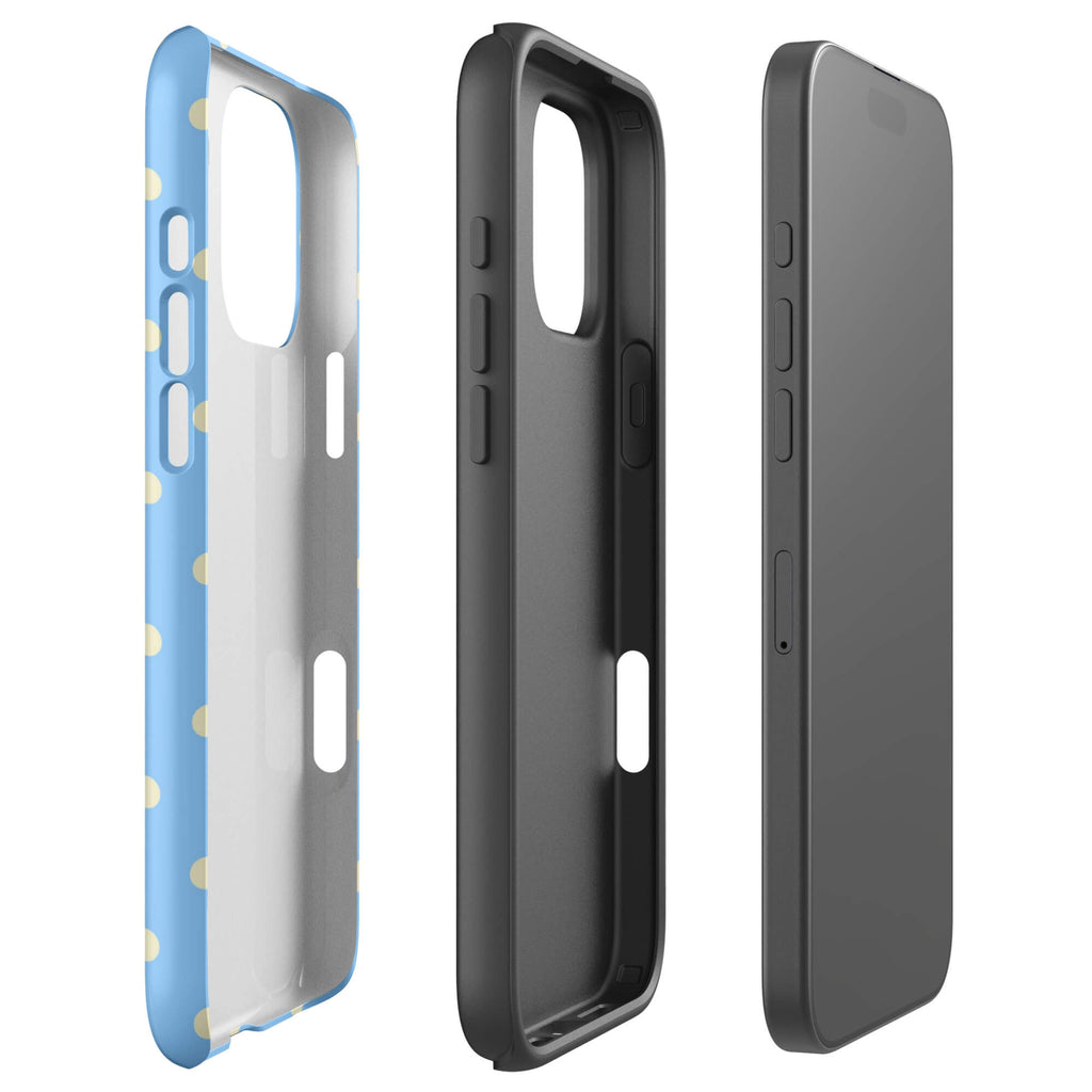 Baby blue iPhone case with evenly spaced cream-white mini polka dots