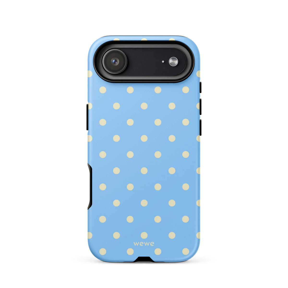 Baby blue iPhone case with evenly spaced cream-white mini polka dots