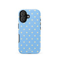 Baby blue iPhone case with evenly spaced cream-white mini polka dots