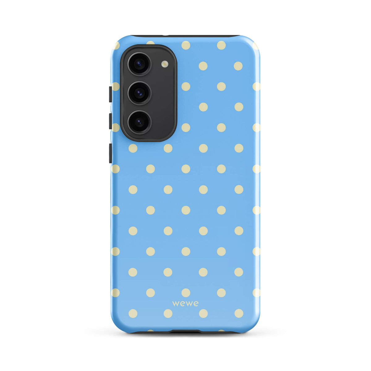 Baby blue iPhone case with evenly spaced cream-white mini polka dots