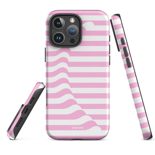 Baby-pink and cream-white iPhone case with horizontal stripes joined by a flowing diagonal wave