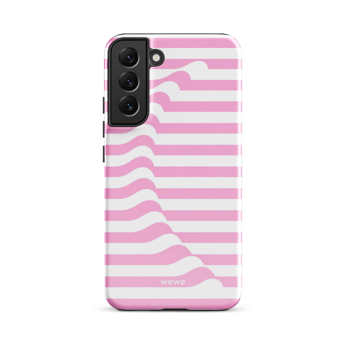 Baby-pink and cream-white iPhone case with horizontal stripes joined by a flowing diagonal wave