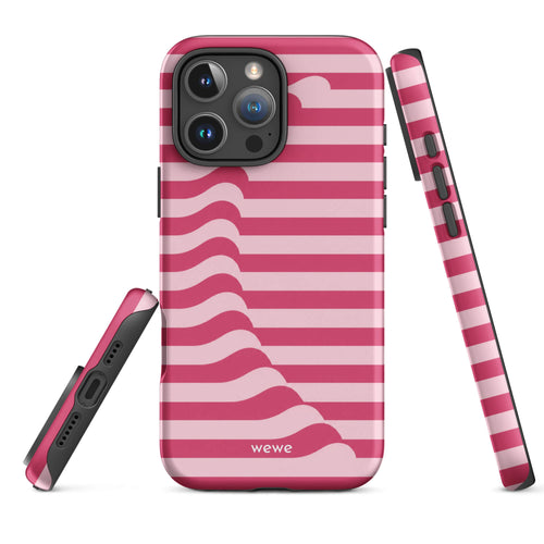 Berry-pink and blush-pink iPhone case with horizontal stripes joined by a flowing diagonal wave