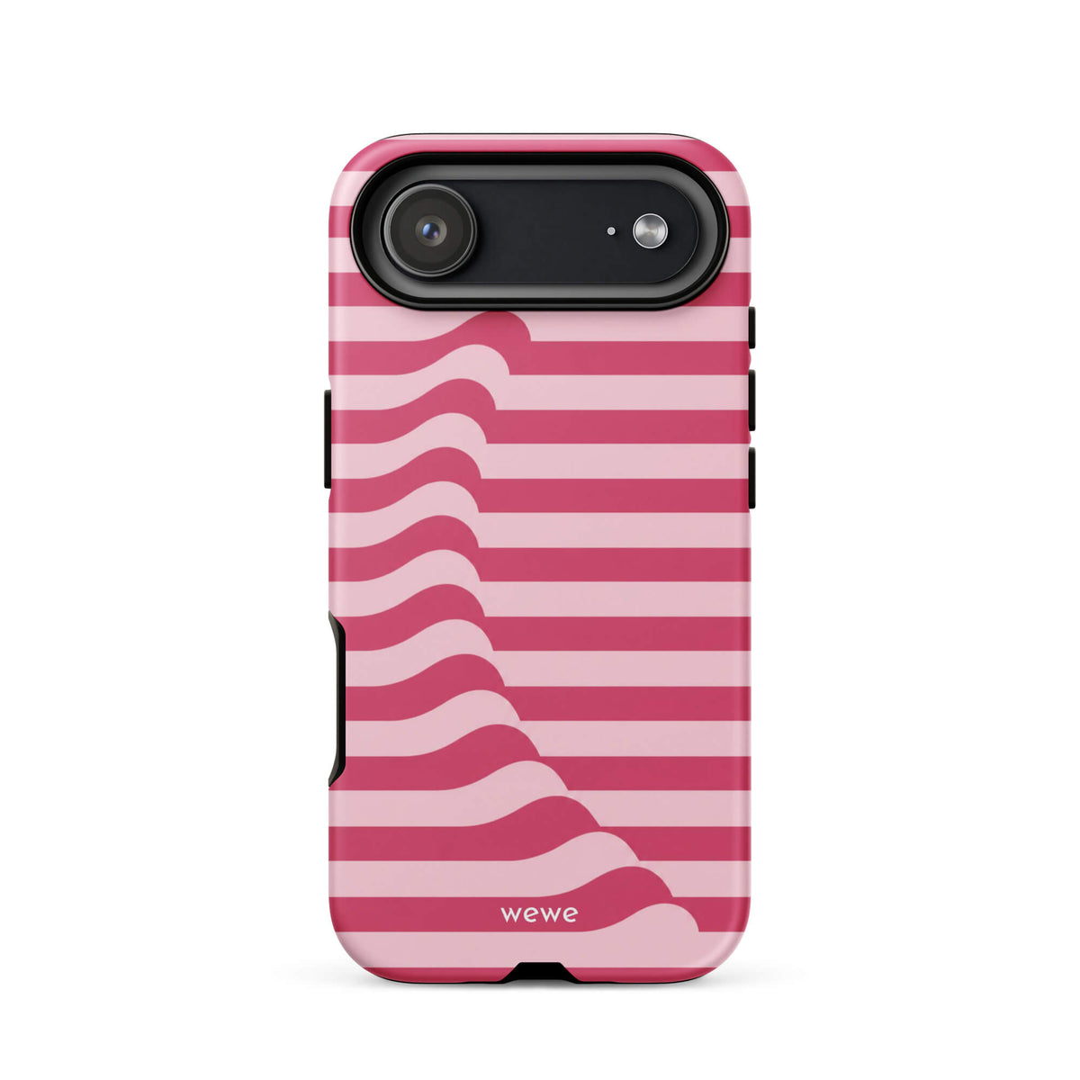 Berry-pink and blush-pink iPhone case with horizontal stripes joined by a flowing diagonal wave