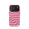 Berry-pink and blush-pink iPhone case with horizontal stripes joined by a flowing diagonal wave