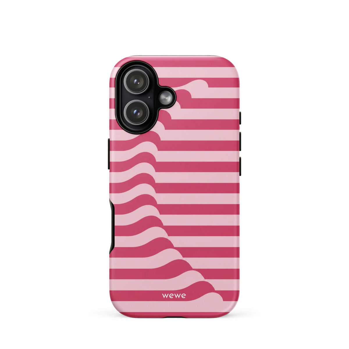 Berry-pink and blush-pink iPhone case with horizontal stripes joined by a flowing diagonal wave