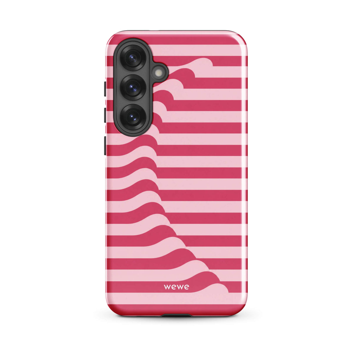 Berry-pink and blush-pink iPhone case with horizontal stripes joined by a flowing diagonal wave
