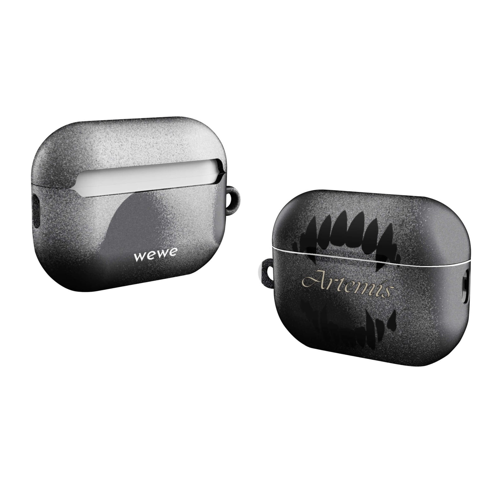 Custom AirPods case pro gen2 with a black, textured gritty background, a vampire teeth graphic, and the word "Artemis".
