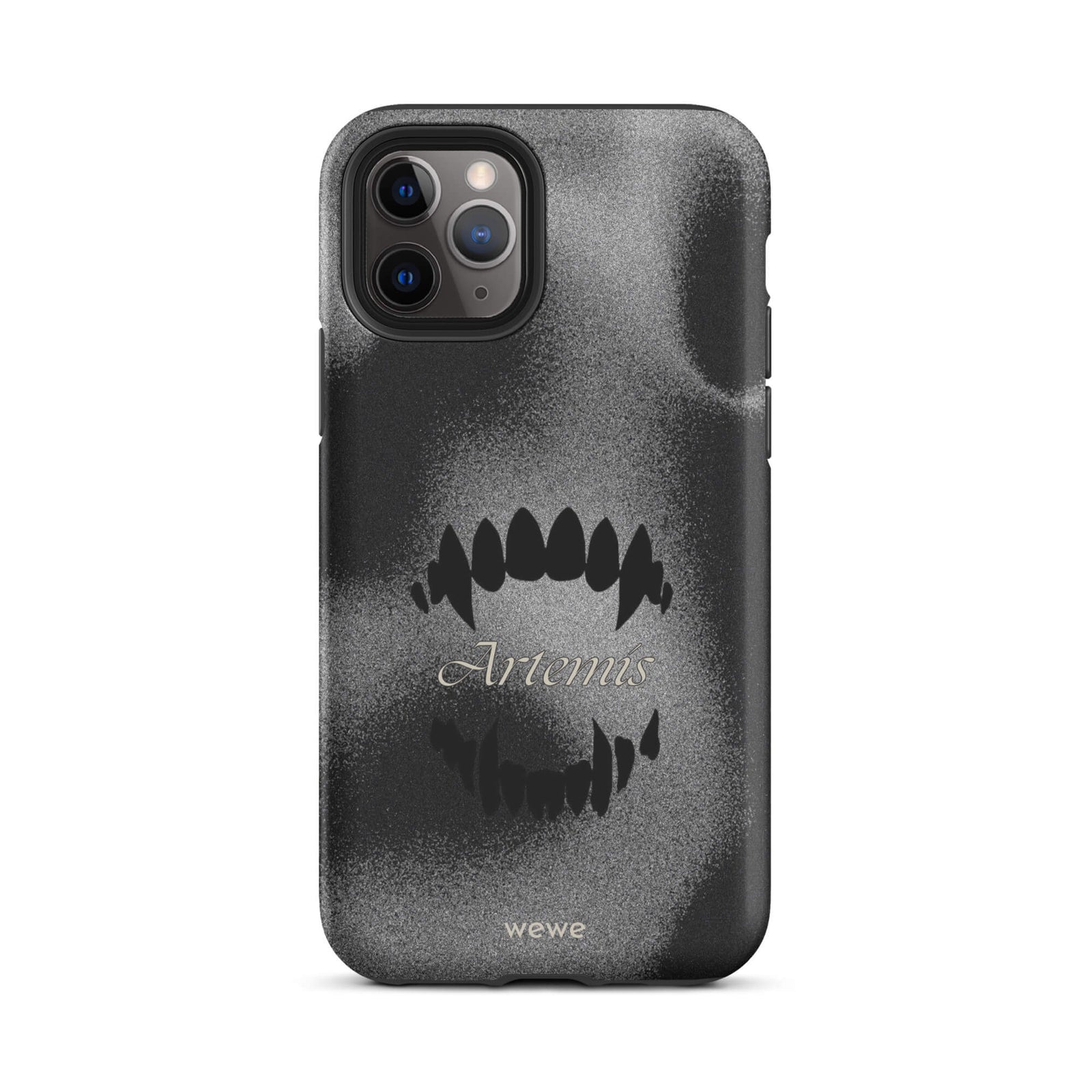 Custom iPhone case 11 pro with a black, textured gritty background, a vampire teeth graphic, and the word "Artemis".