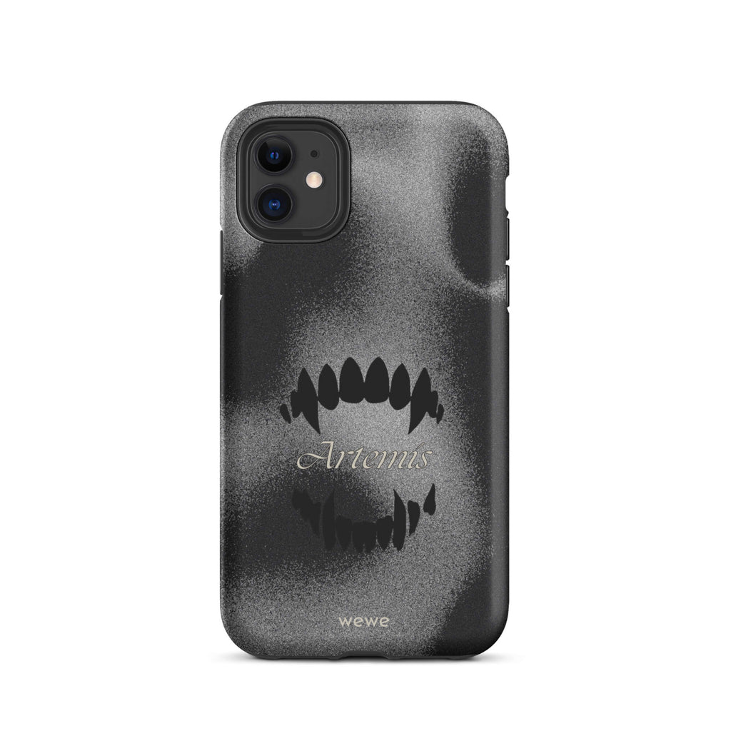 Custom iPhone case 11 with a black, textured gritty background, a vampire teeth graphic, and the word "Artemis".