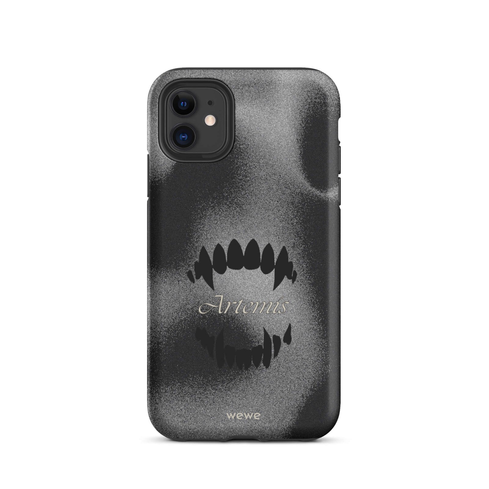 Custom iPhone case 11 with a black, textured gritty background, a vampire teeth graphic, and the word "Artemis".