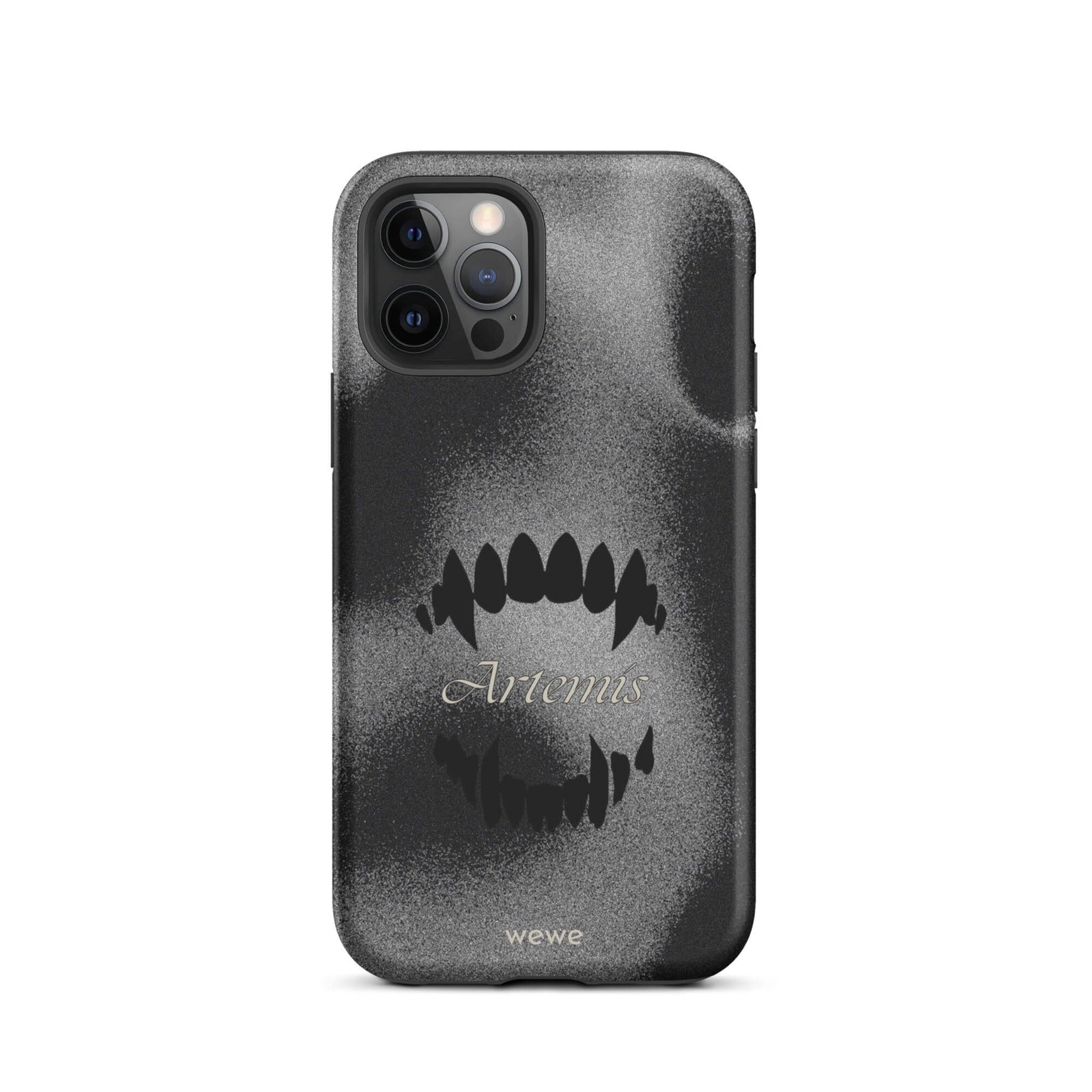 Custom iPhone case 12 pro with a black, textured gritty background, a vampire teeth graphic, and the word "Artemis".