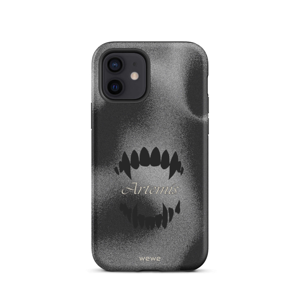 Custom iPhone case 12 with a black, textured gritty background, a vampire teeth graphic, and the word "Artemis".