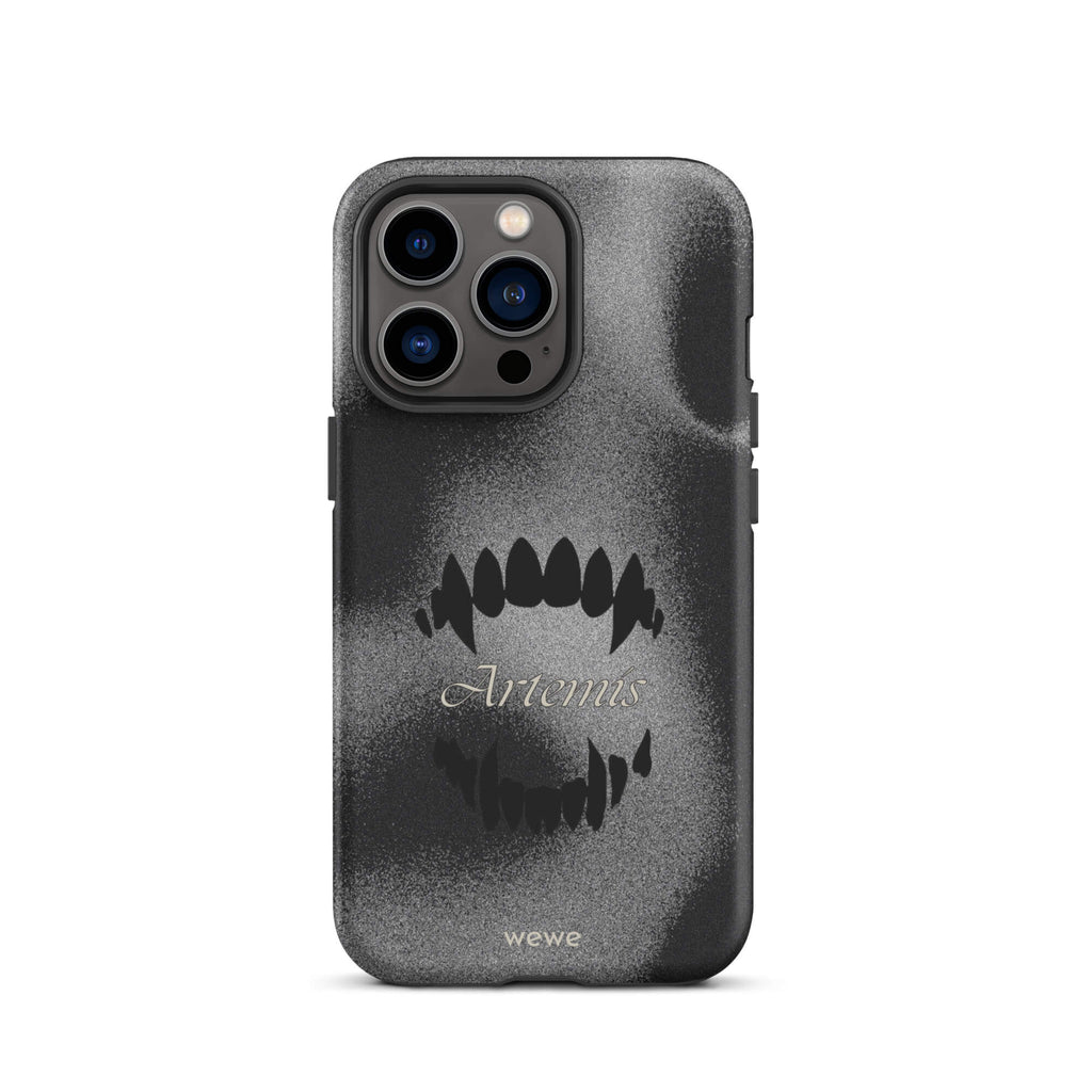 Custom iPhone case 13 pro with a black, textured gritty background, a vampire teeth graphic, and the word "Artemis".