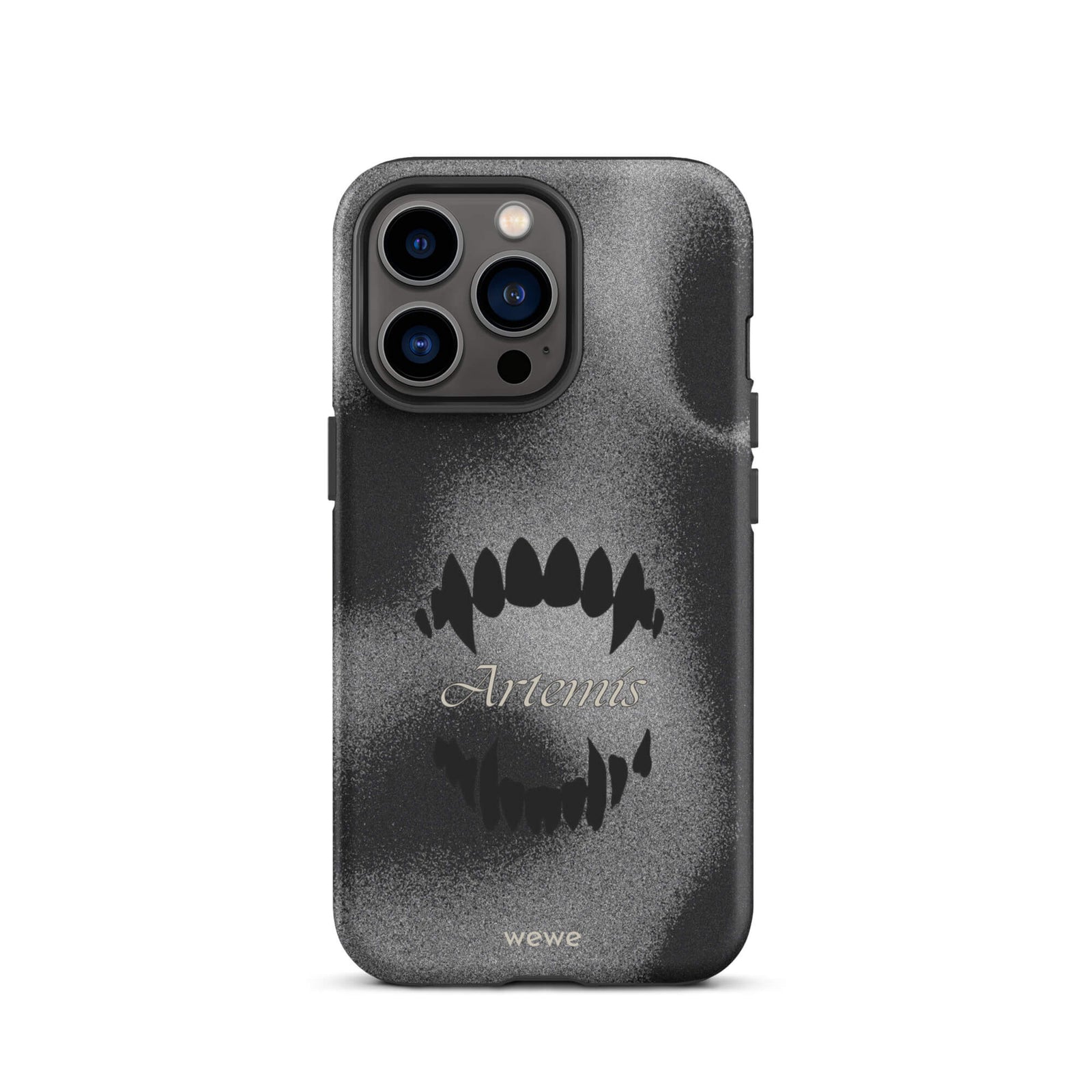 Custom iPhone case 13 pro with a black, textured gritty background, a vampire teeth graphic, and the word "Artemis".