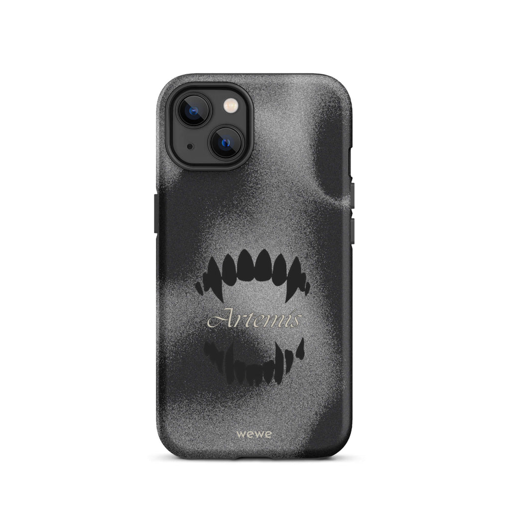 Custom iPhone case 13 with a black, textured gritty background, a vampire teeth graphic, and the word "Artemis".