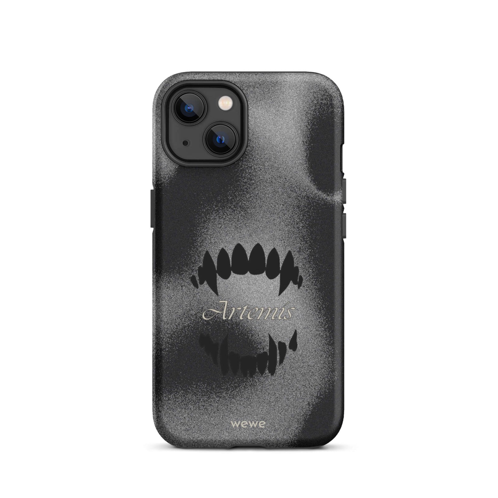 Custom iPhone case 13 with a black, textured gritty background, a vampire teeth graphic, and the word "Artemis".