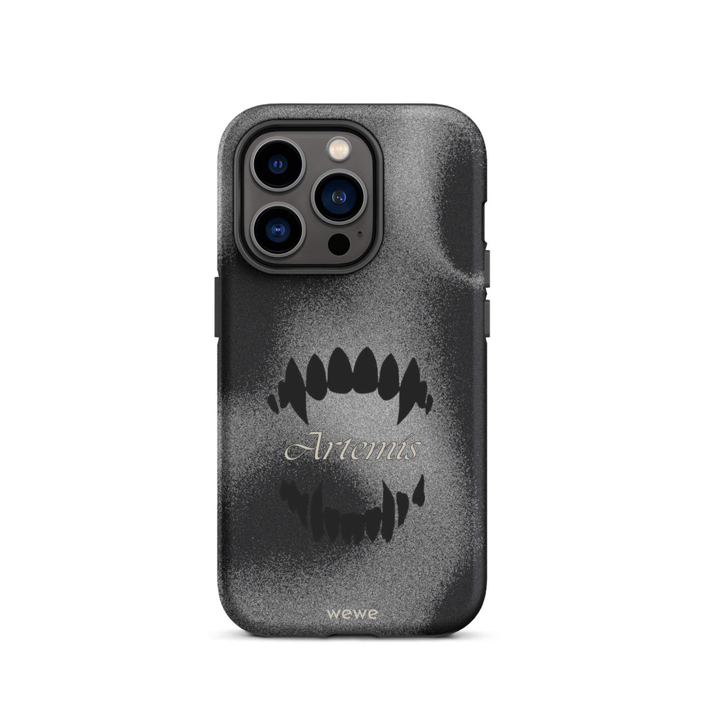 Custom iPhone case 14 pro with a black, textured gritty background, a vampire teeth graphic, and the word "Artemis".
