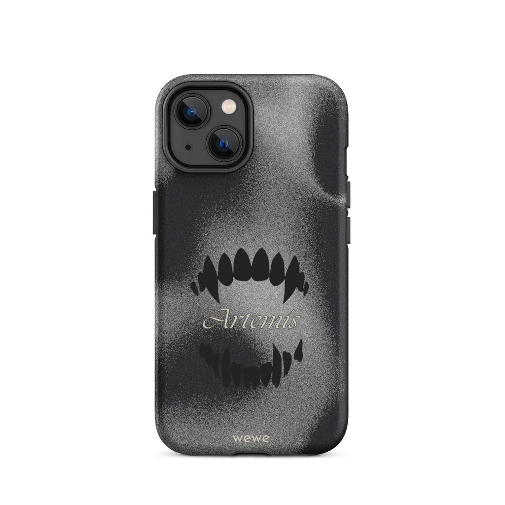 Custom iPhone case 14 with a black, textured gritty background, a vampire teeth graphic, and the word "Artemis".