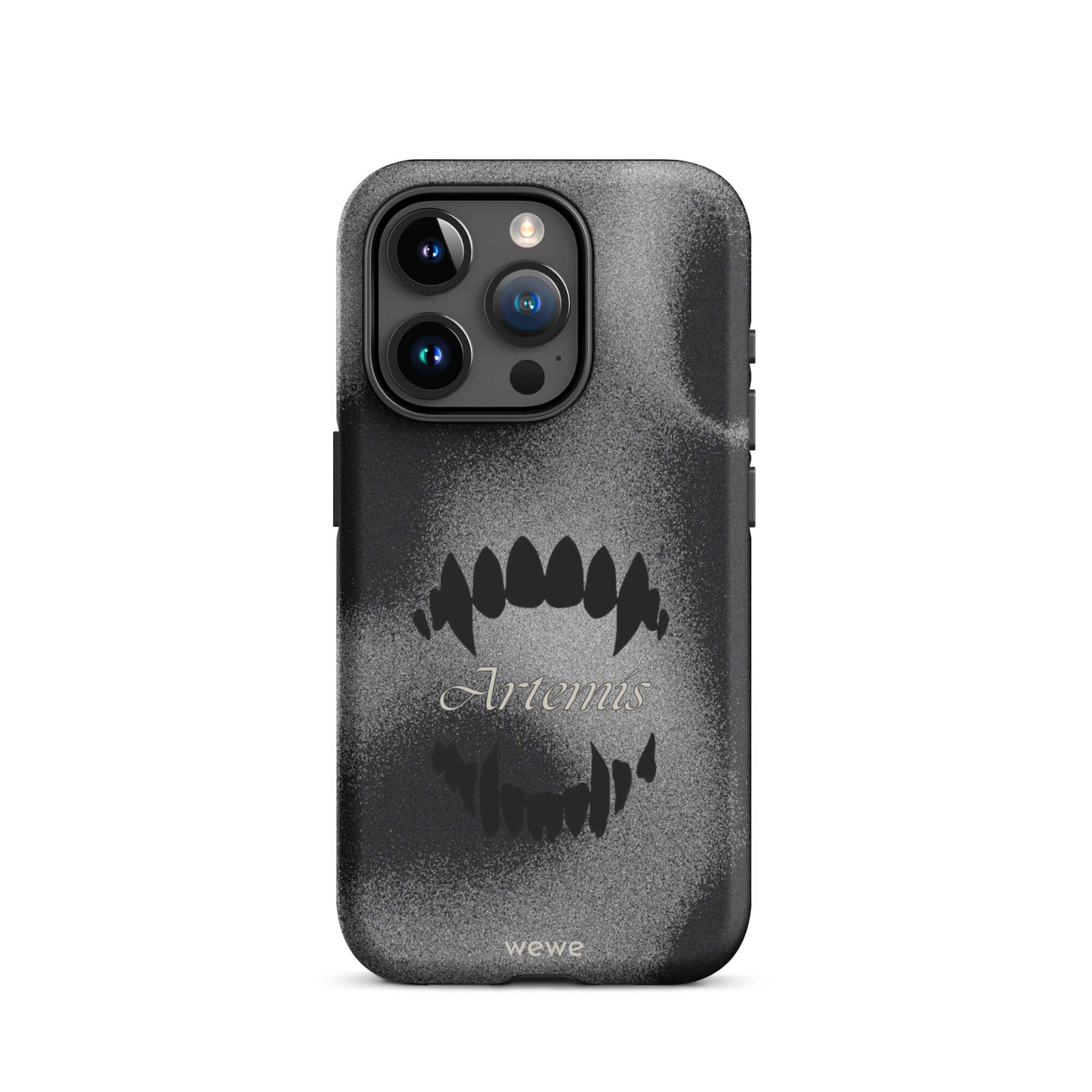 Custom iPhone case 15 pro with a black, textured gritty background, a vampire teeth graphic, and the word "Artemis".