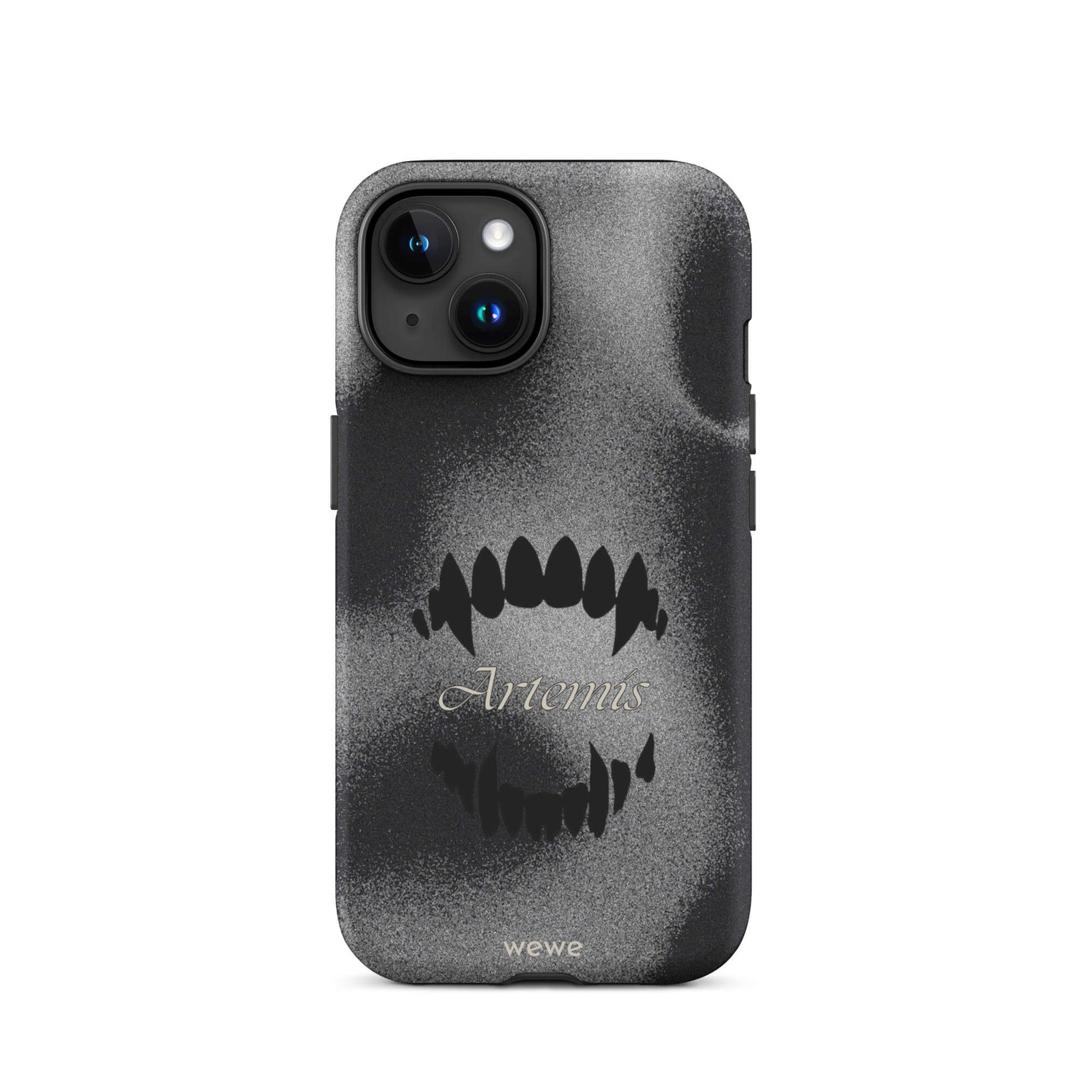 Custom iPhone case 15 with a black, textured gritty background, a vampire teeth graphic, and the word "Artemis".