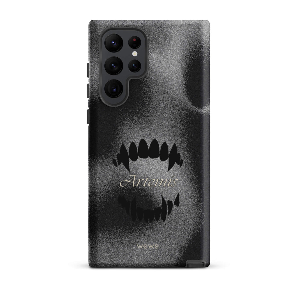 Custom samsung galaxy s22 ultra  Phone case with a black, textured gritty background, a vampire teeth graphic, and the word "Artemis".