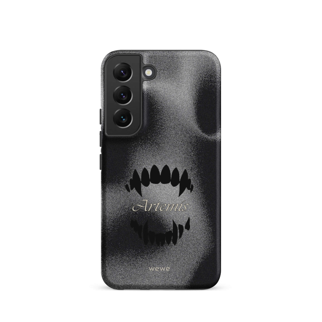 Custom samsung galaxy s22 Phone case with a black, textured gritty background, a vampire teeth graphic, and the word "Artemis".