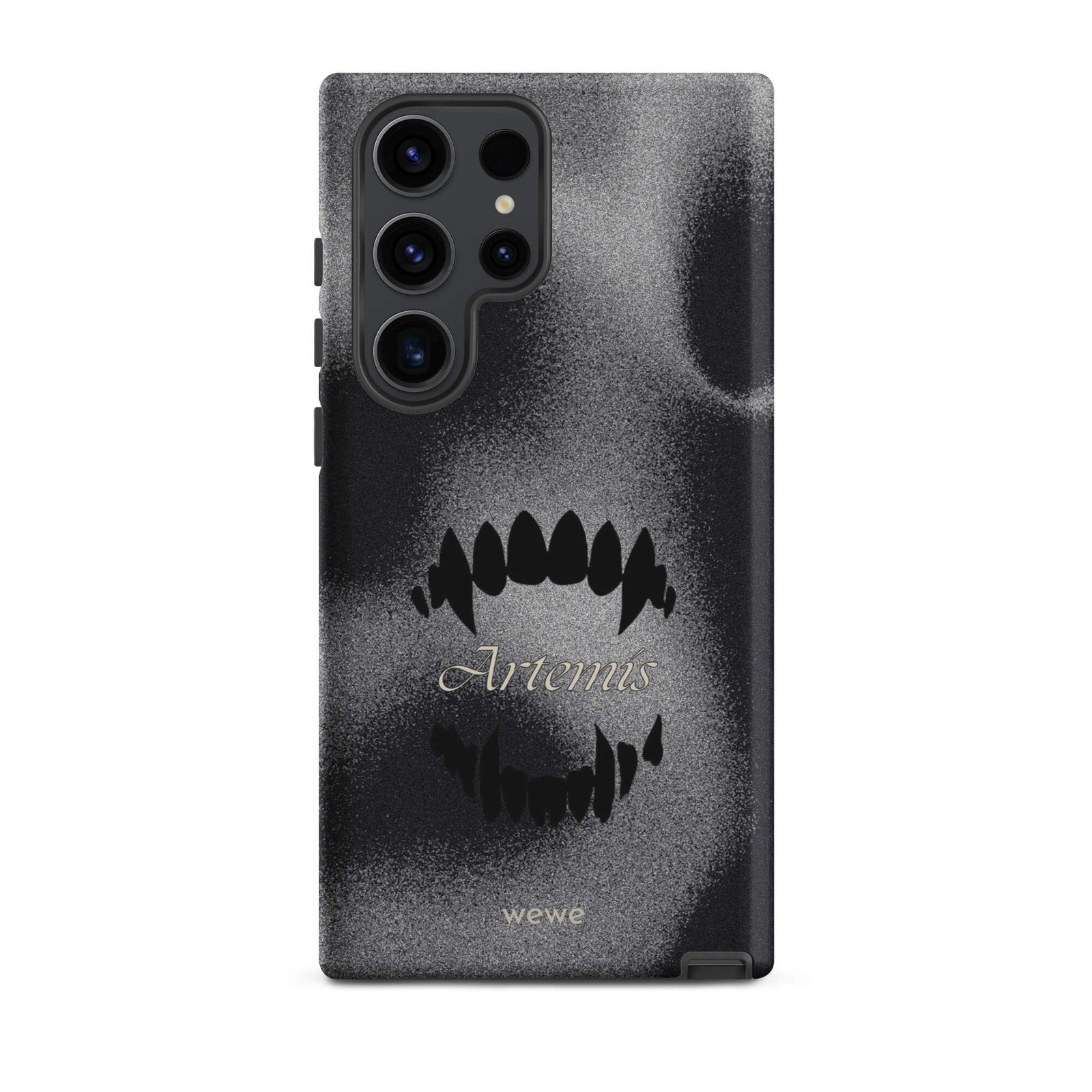 Custom samsung galaxy s23 ultra  Phone case with a black, textured gritty background, a vampire teeth graphic, and the word "Artemis".