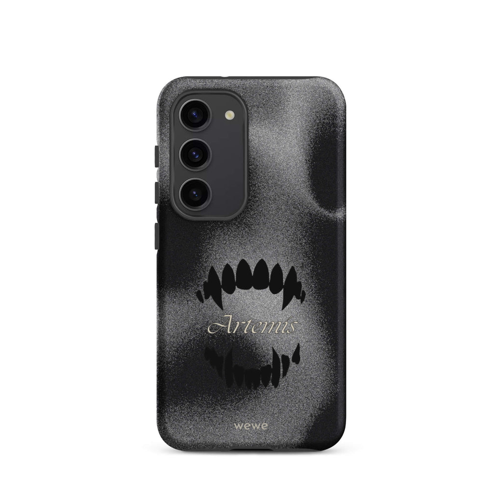 Custom samsung galaxy s23 Phone case with a black, textured gritty background, a vampire teeth graphic, and the word "Artemis".