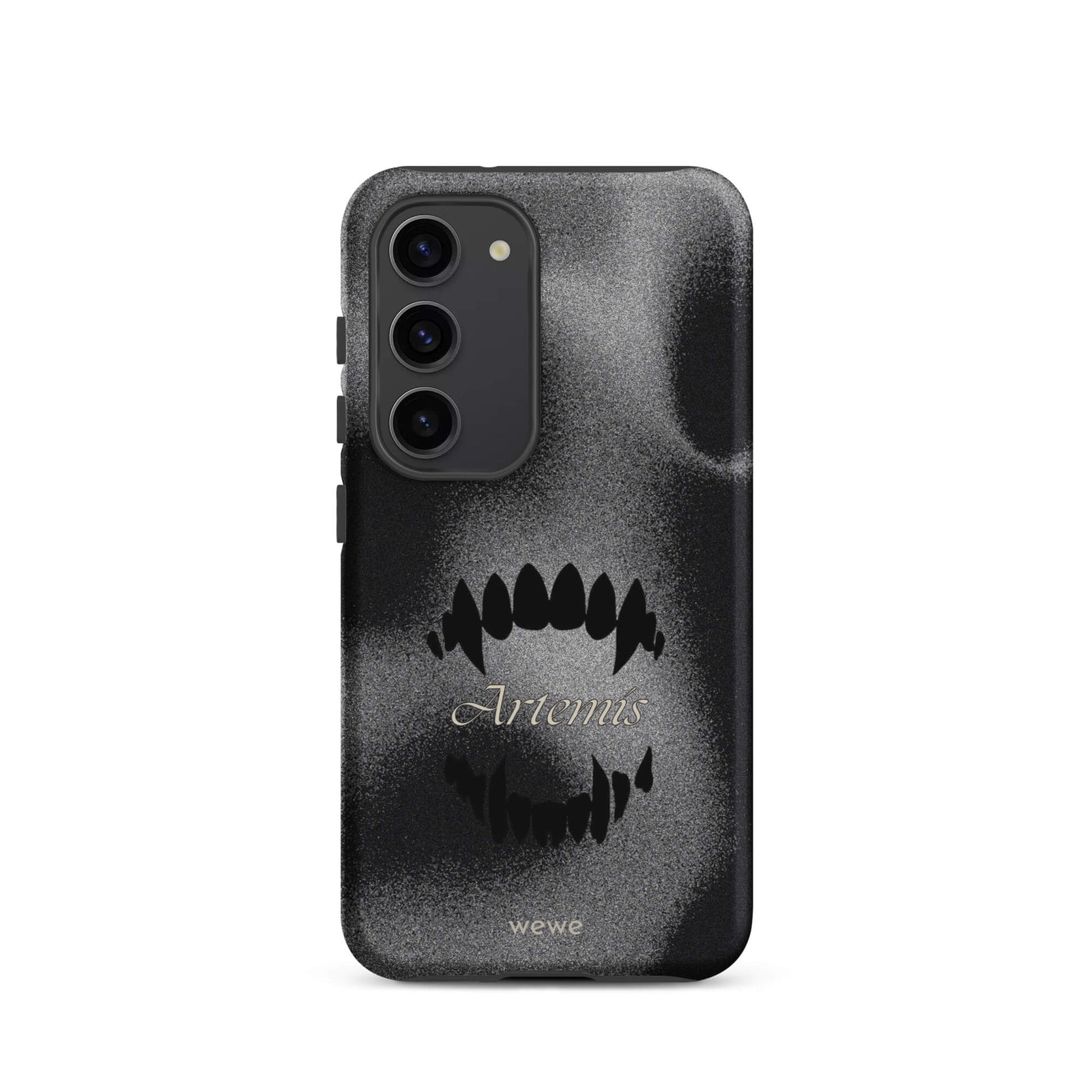 Custom samsung galaxy s23 Phone case with a black, textured gritty background, a vampire teeth graphic, and the word "Artemis".