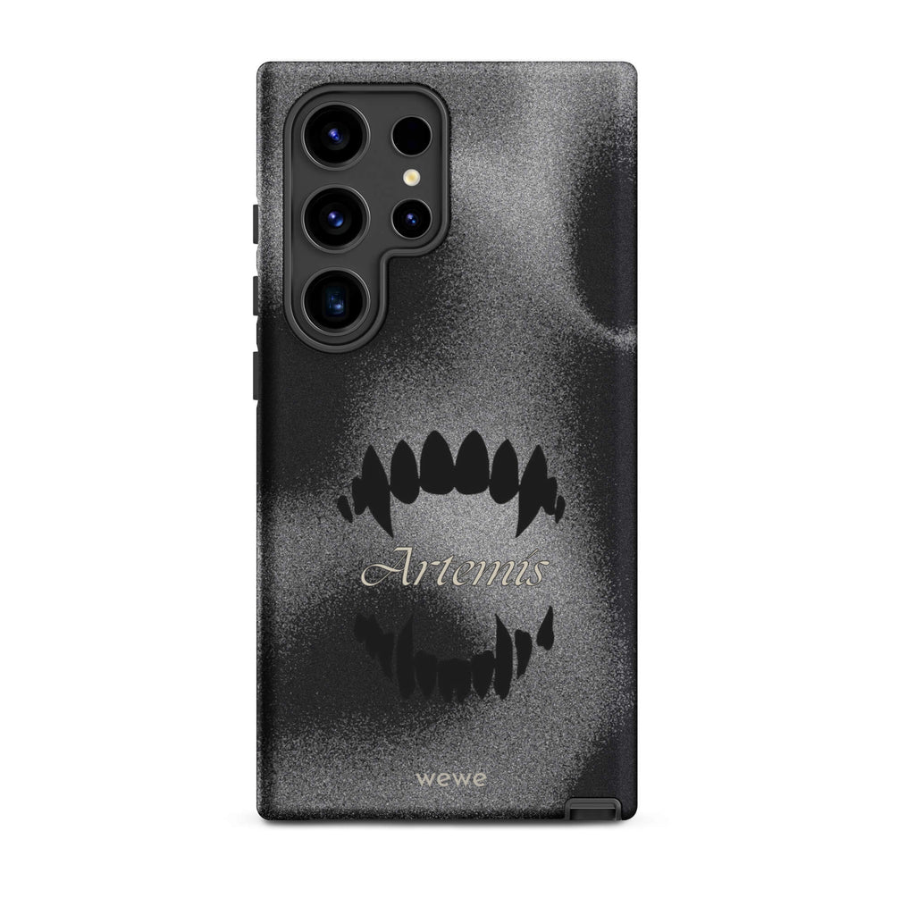 Custom samsung galaxy s24 ultra  Phone case with a black, textured gritty background, a vampire teeth graphic, and the word "Artemis".