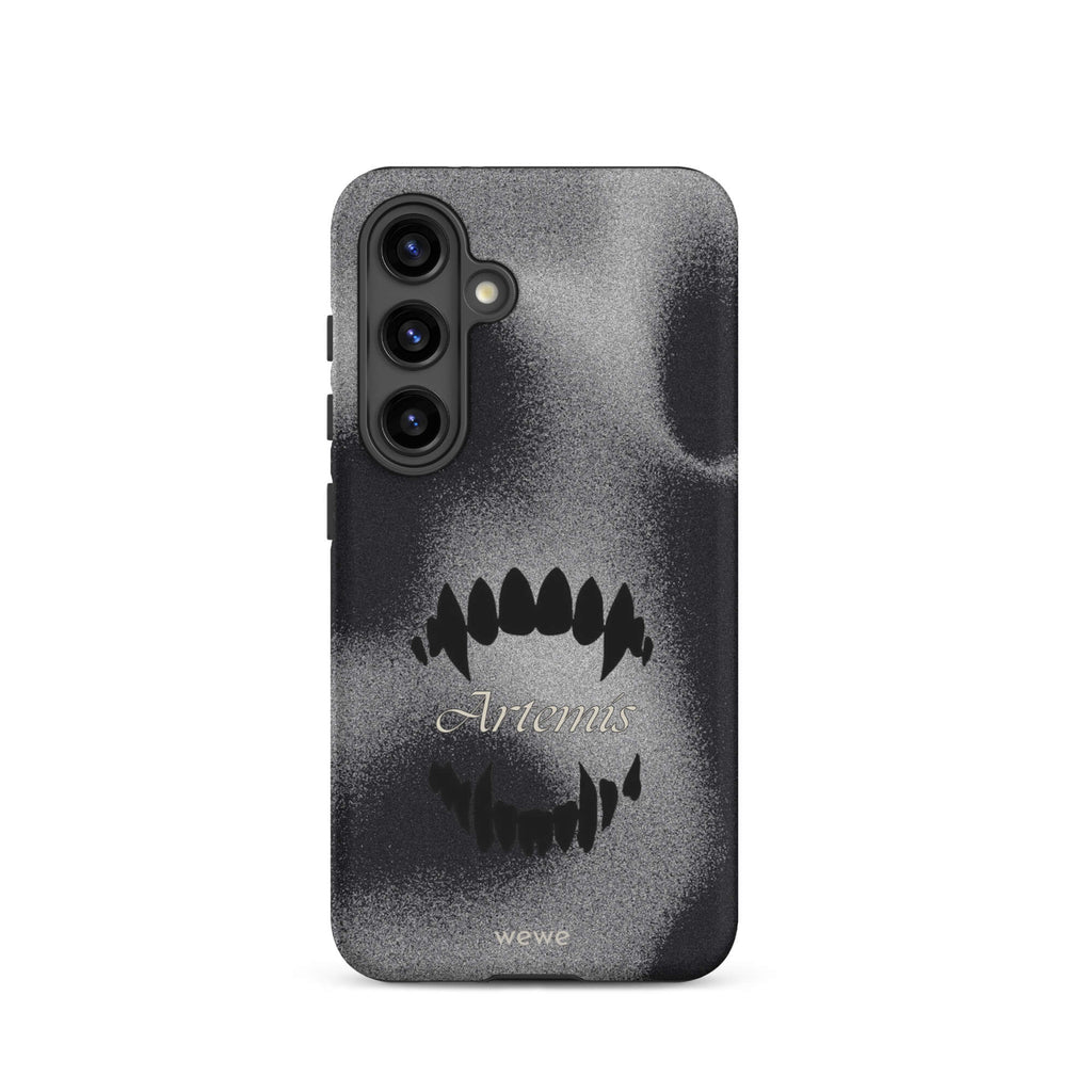 Custom samsung galaxy s24 Phone case with a black, textured gritty background, a vampire teeth graphic, and the word "Artemis".
