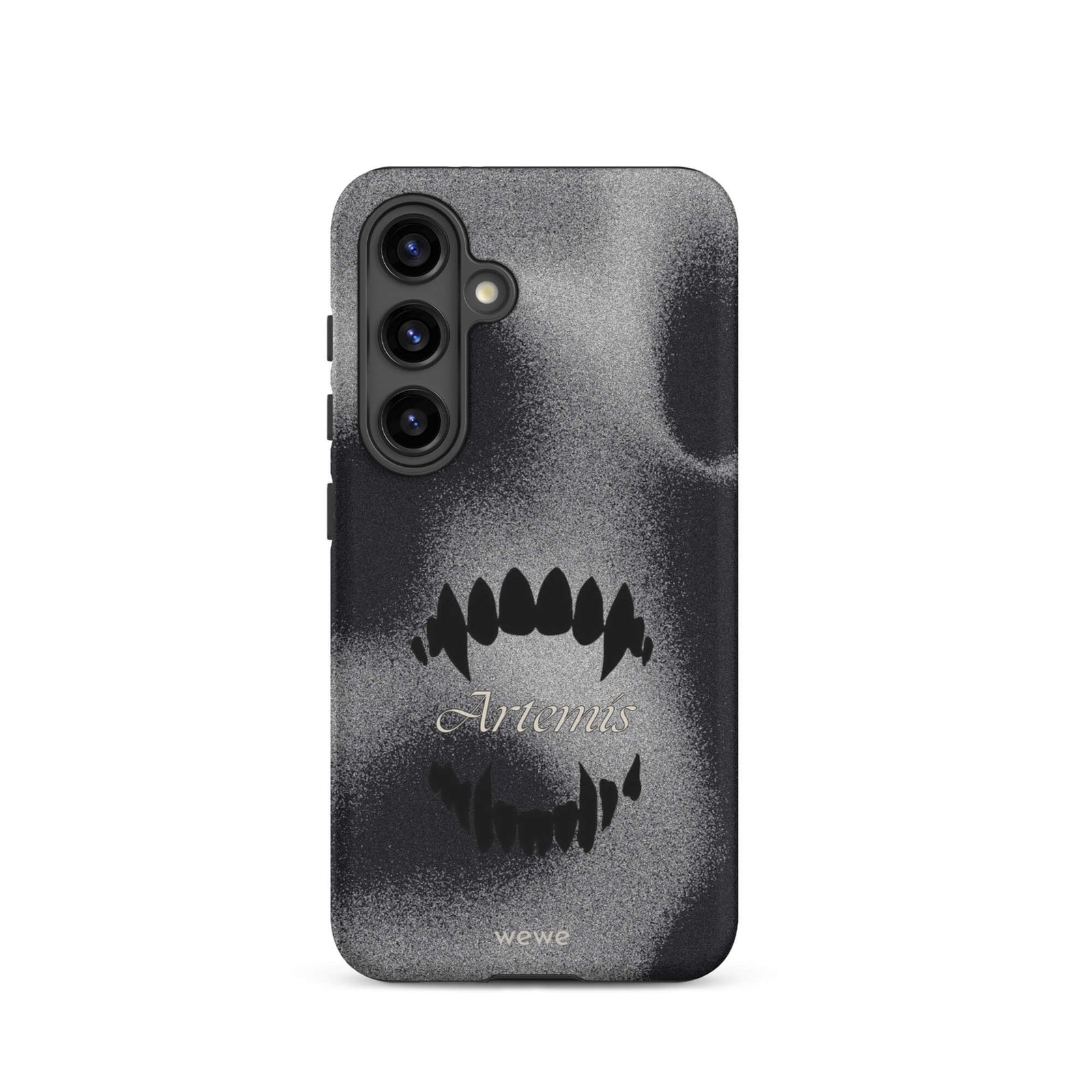 Custom samsung galaxy s24 Phone case with a black, textured gritty background, a vampire teeth graphic, and the word "Artemis".