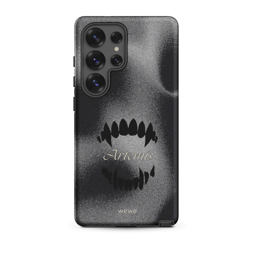 Custom samsung galaxy s25 ultra  Phone case with a black, textured gritty background, a vampire teeth graphic, and the word "Artemis".
