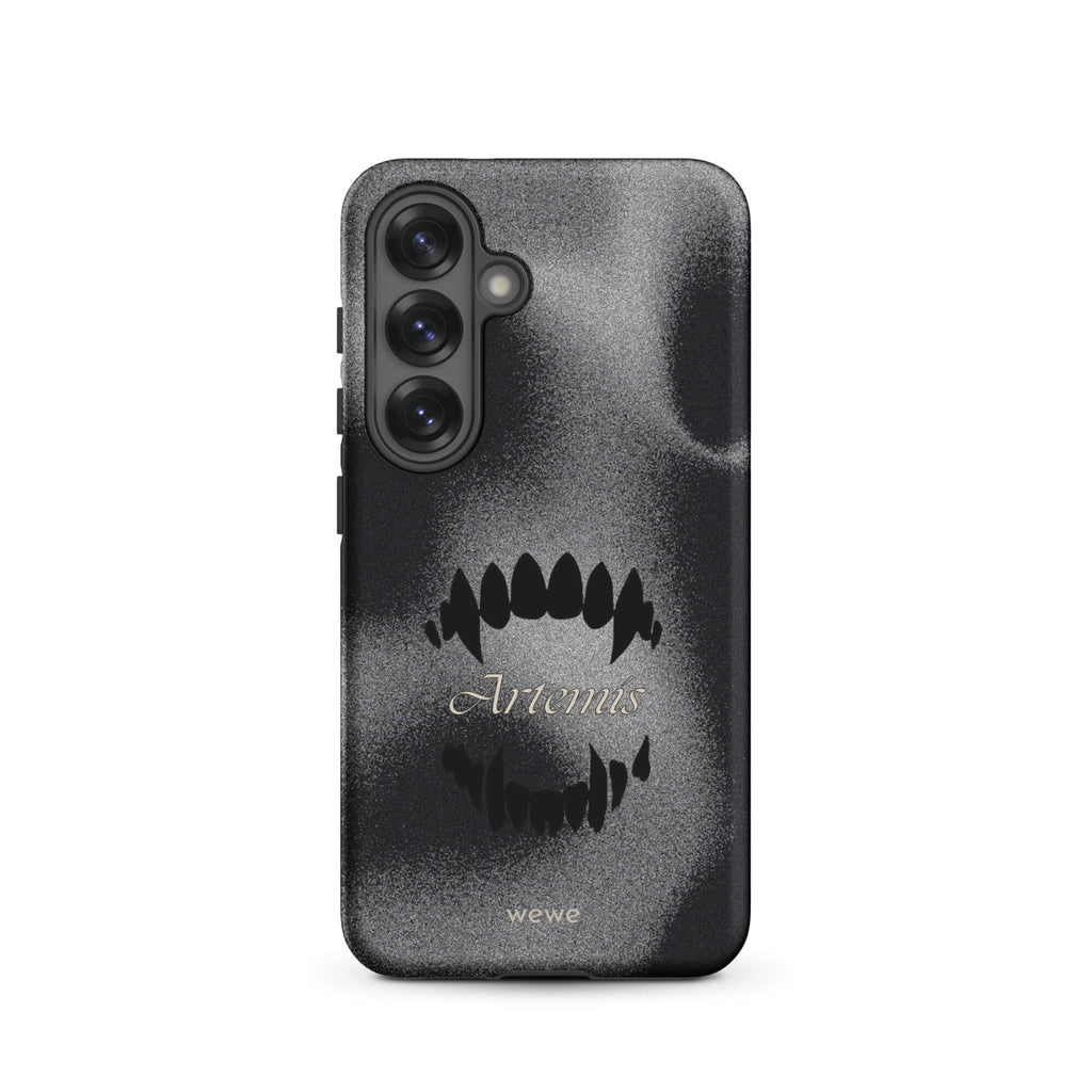 Custom samsung galaxy s25 Phone case with a black, textured gritty background, a vampire teeth graphic, and the word "Artemis".