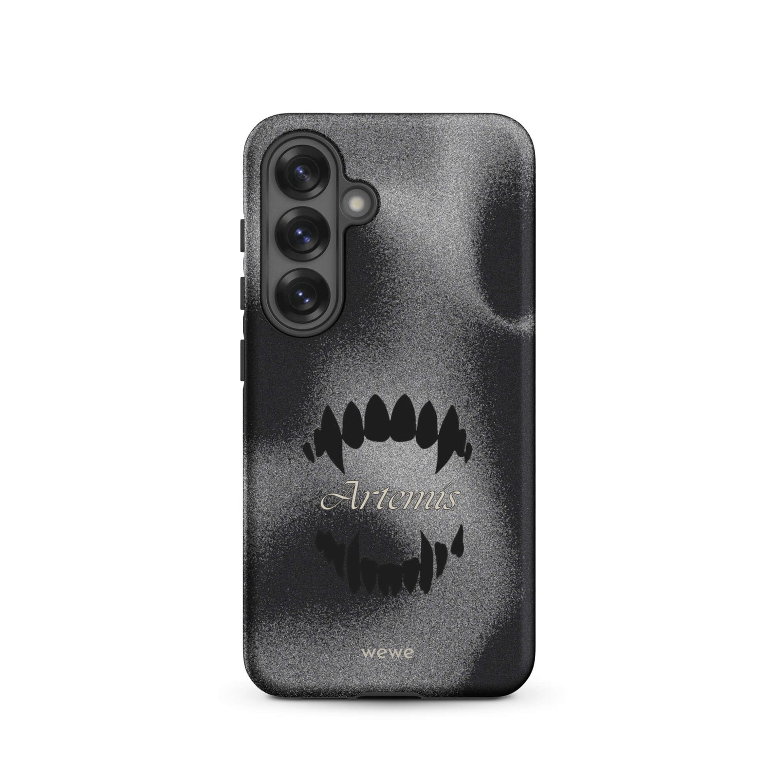 Custom samsung galaxy s25 Phone case with a black, textured gritty background, a vampire teeth graphic, and the word "Artemis".