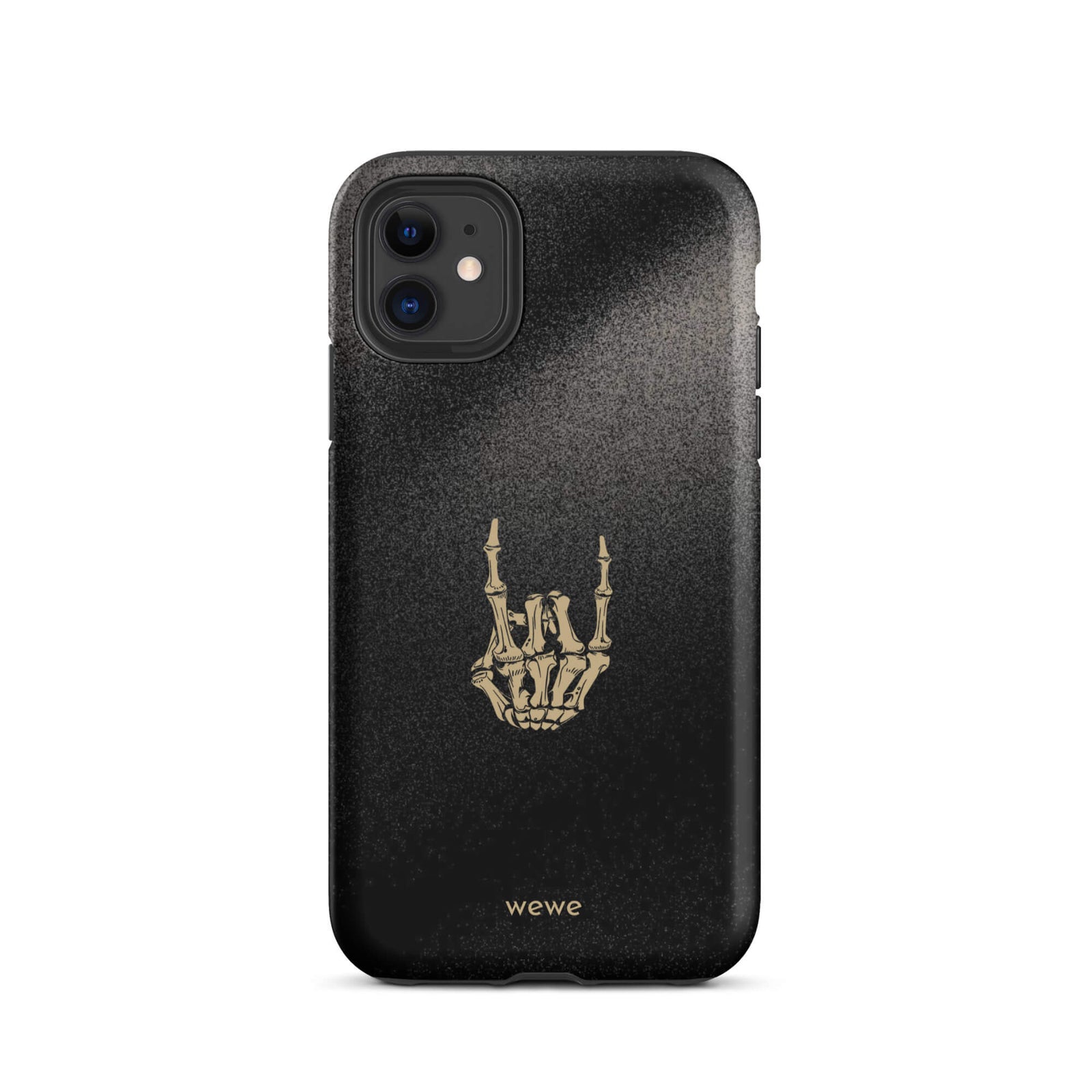 Custom iPhone case 11 with a black, gritty background and a gold skeleton hand making the "rock on" gesture.