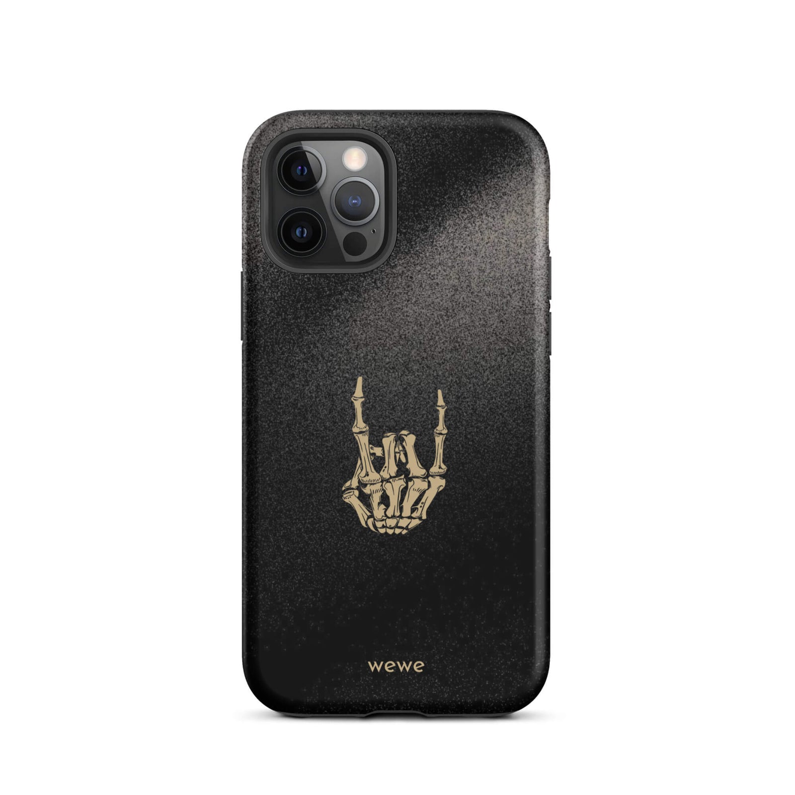 Custom iPhone case 12 pro with a black, gritty background and a gold skeleton hand making the "rock on" gesture.
