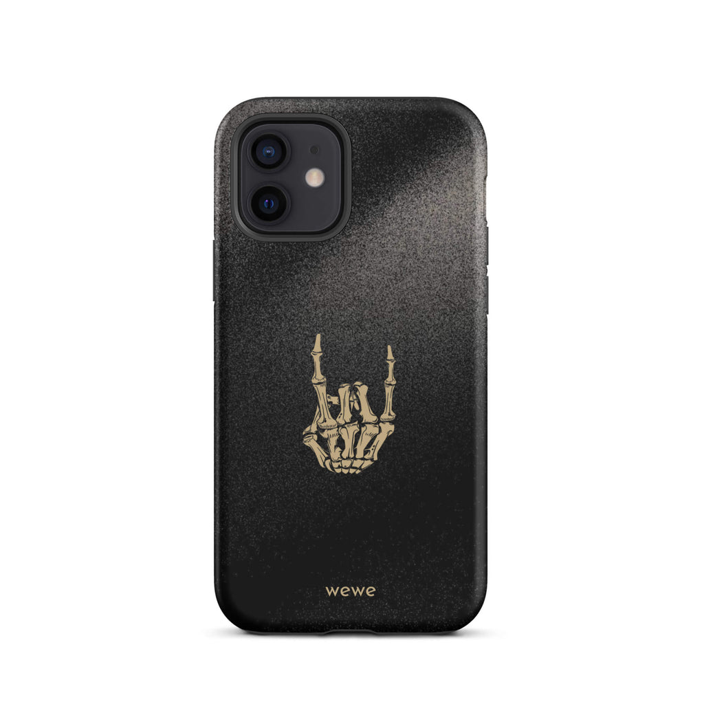 Custom iPhone case 12 with a black, gritty background and a gold skeleton hand making the "rock on" gesture.