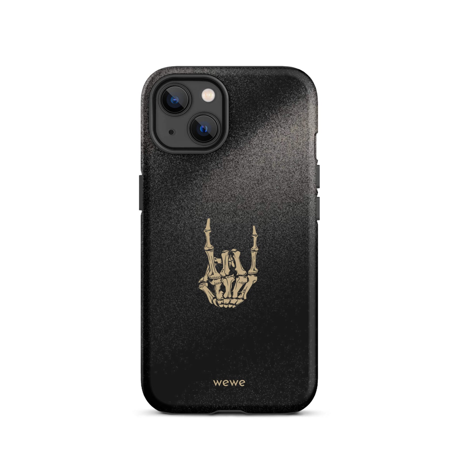 Custom iPhone case 13 with a black, gritty background and a gold skeleton hand making the "rock on" gesture.