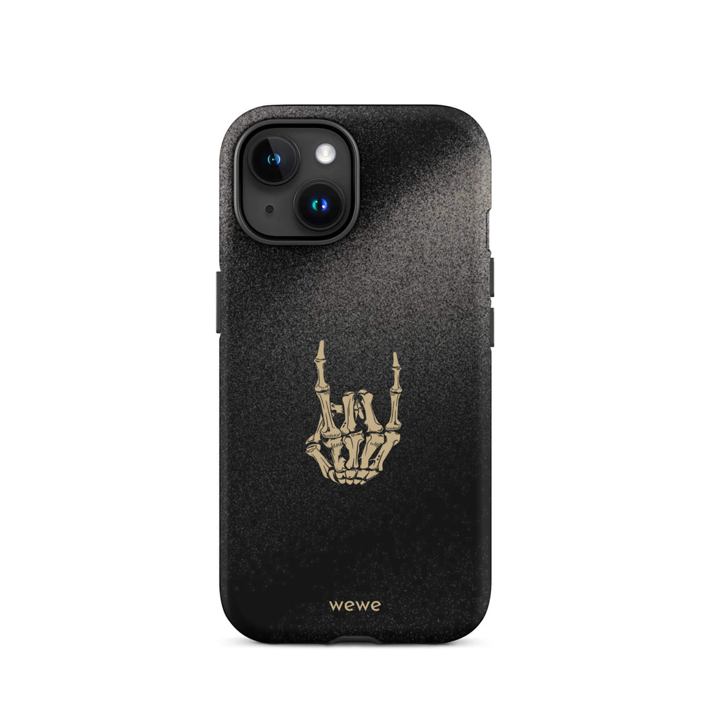 Custom iPhone case 15 with a black, gritty background and a gold skeleton hand making the "rock on" gesture.