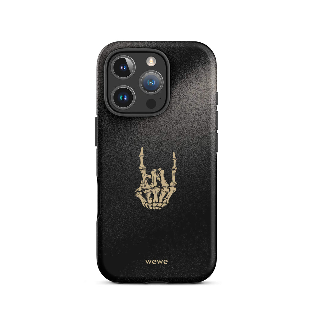 Custom dark harmony iPhone case 16 pro skeleton graphic design.