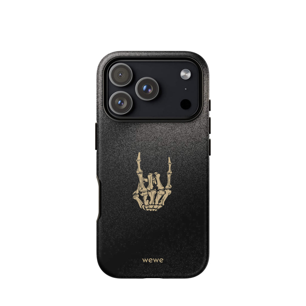 Custom dark harmony iPhone case 17 pro skeleton graphic design.