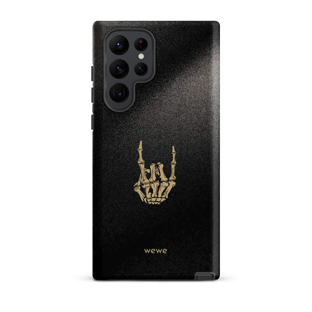 Custom samsunng galaxy s22 ultra  Phone case with a black, gritty background and a gold skeleton hand making the "rock on" gesture.