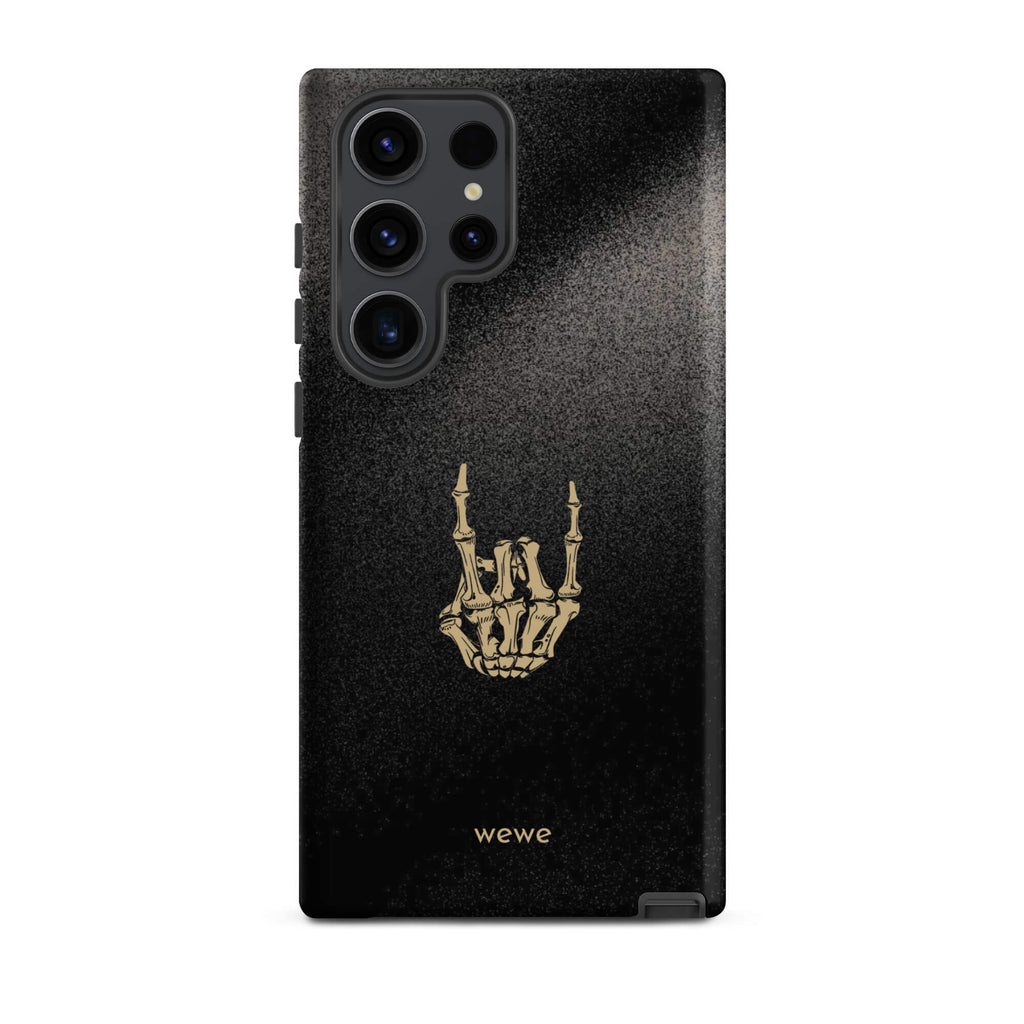 Custom samsunng galaxy s23 ultra  Phone case with a black, gritty background and a gold skeleton hand making the "rock on" gesture.